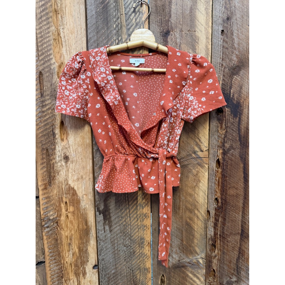 Womens Rust Wrap‎ Top Small Cottagecore Boho Floral Peplum Fairycore Romantic